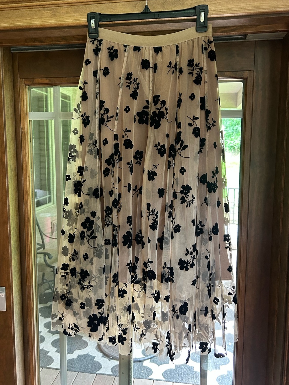 Chicwish Beige Tulle Maxi Skirt with Black Floral Flock